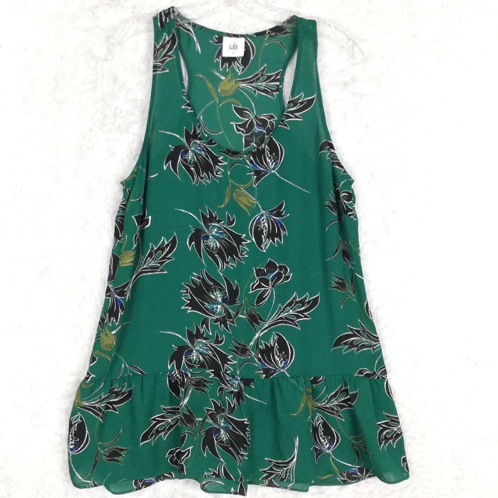 Cabi Womens Top Tunic Peplum Blouse Sleeveless Green Floral Ruffle S‎